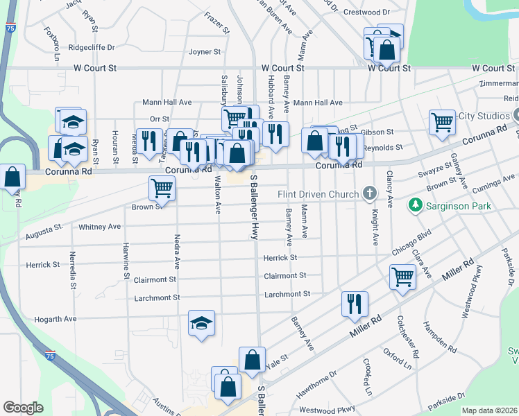 map of restaurants, bars, coffee shops, grocery stores, and more near 3521 Brown Street in Flint
