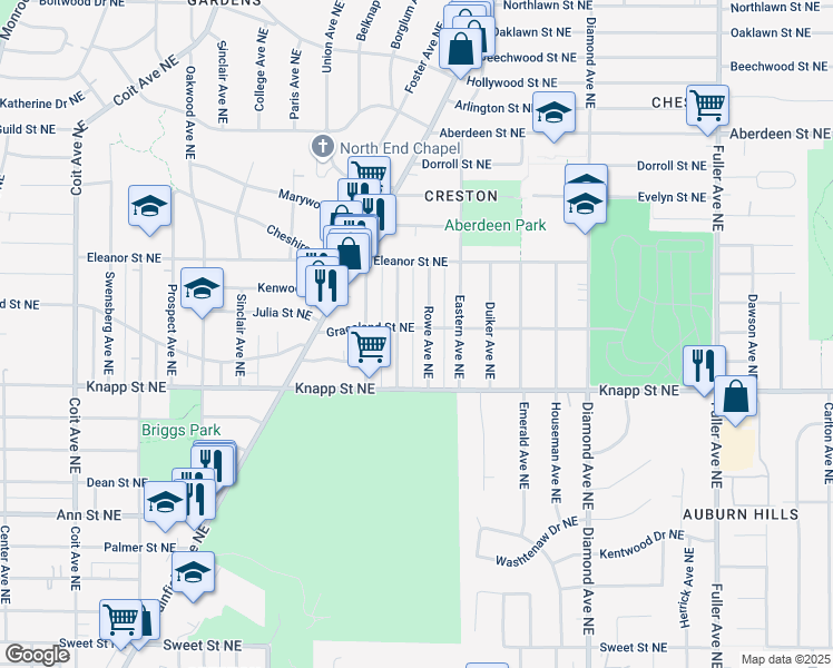 map of restaurants, bars, coffee shops, grocery stores, and more near 746 Graceland Street Northeast in Grand Rapids