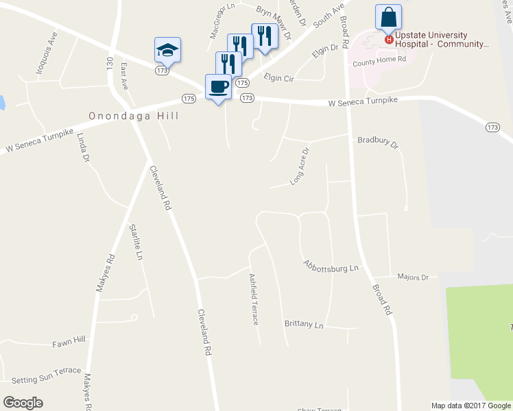 map of restaurants, bars, coffee shops, grocery stores, and more near 4913 Cornish Heights Parkway in Syracuse
