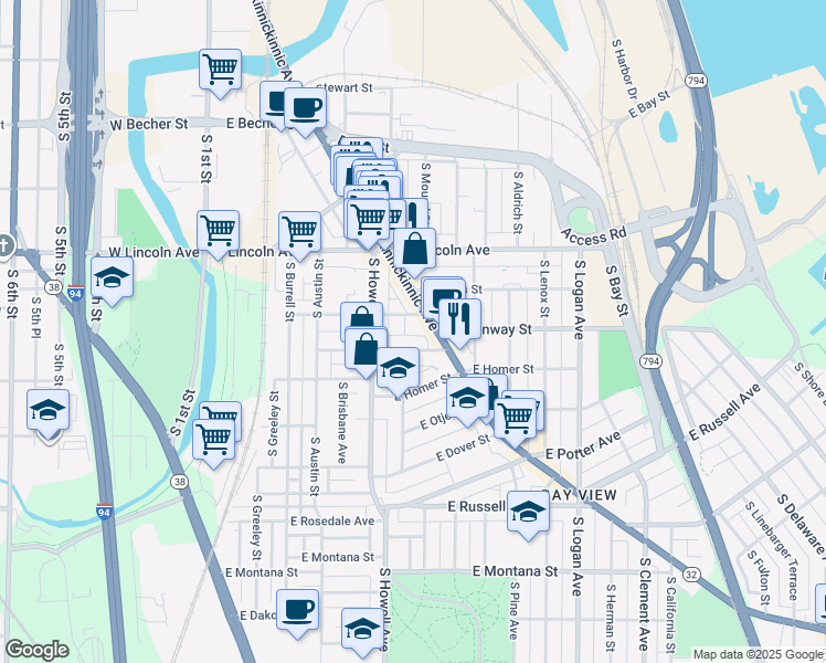 map of restaurants, bars, coffee shops, grocery stores, and more near 2424 South Graham Street in Milwaukee