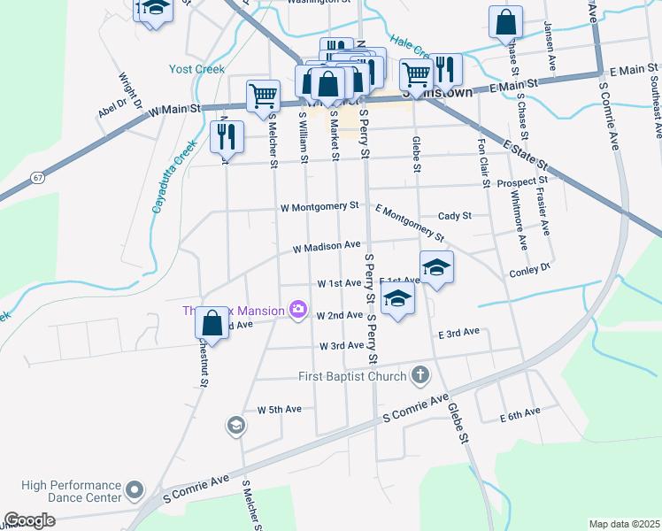 map of restaurants, bars, coffee shops, grocery stores, and more near 305 South Market Street in Johnstown