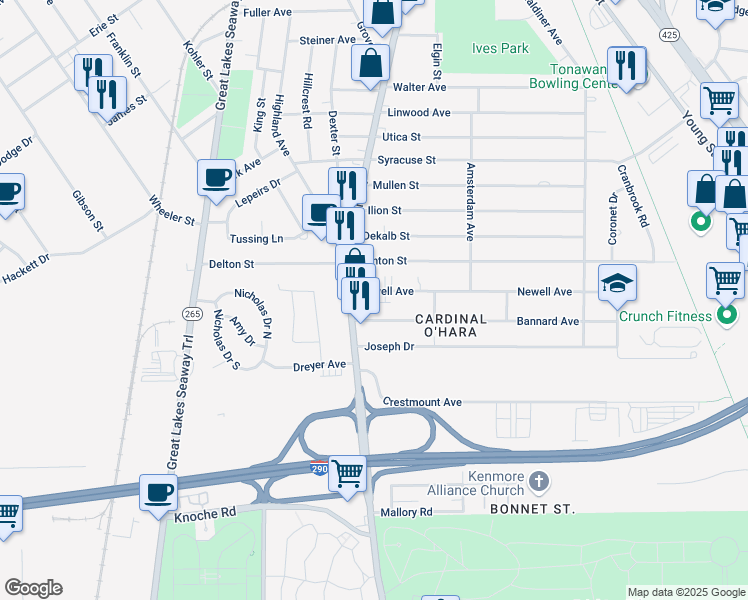 map of restaurants, bars, coffee shops, grocery stores, and more near 25 Newell Avenue in Tonawanda