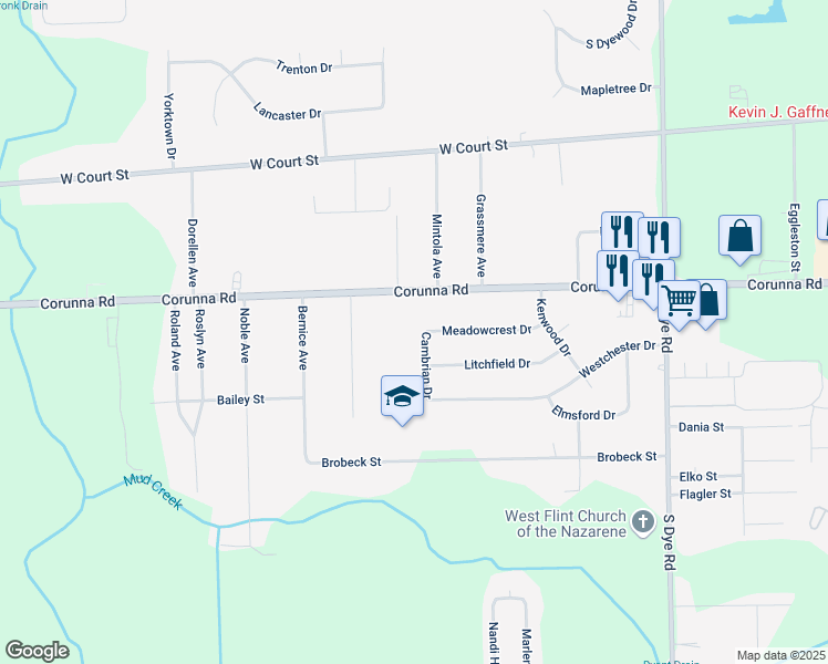 map of restaurants, bars, coffee shops, grocery stores, and more near 2044 Cambrian Drive in Flint