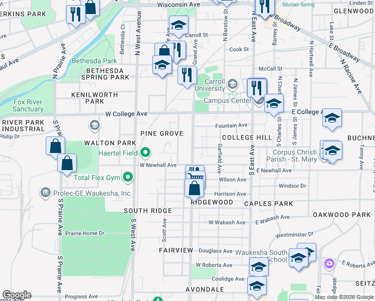 map of restaurants, bars, coffee shops, grocery stores, and more near 242 Hinman Avenue in Waukesha