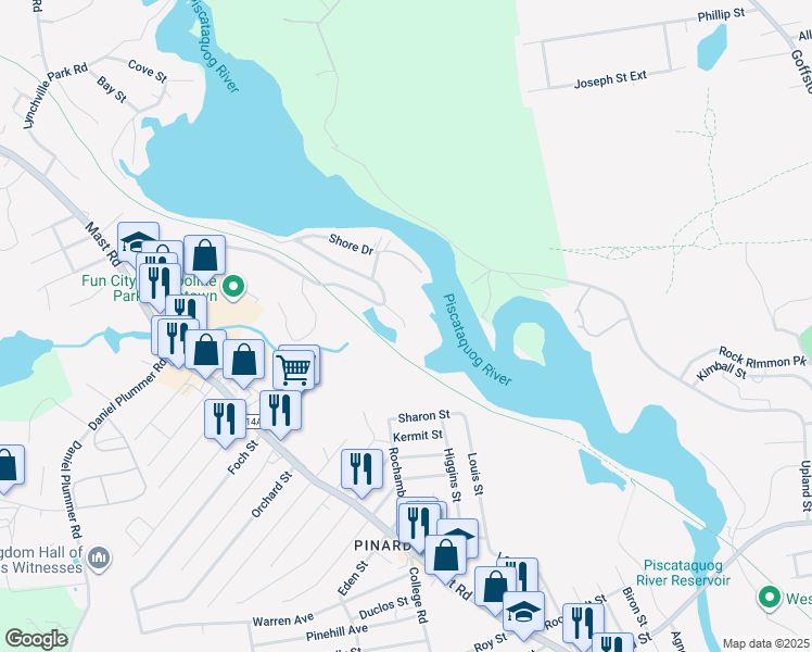 map of restaurants, bars, coffee shops, grocery stores, and more near 12 Circle Drive in Goffstown