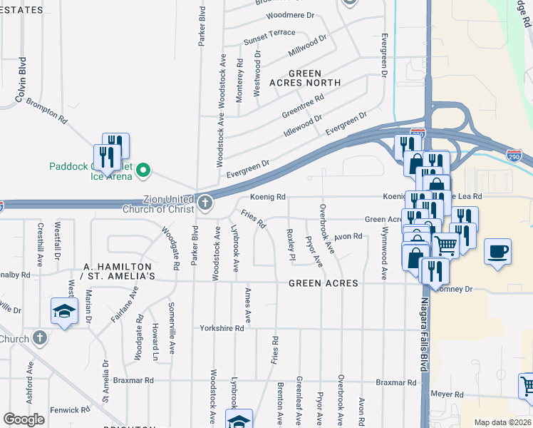 map of restaurants, bars, coffee shops, grocery stores, and more near 261 Green Acres Road in Tonawanda