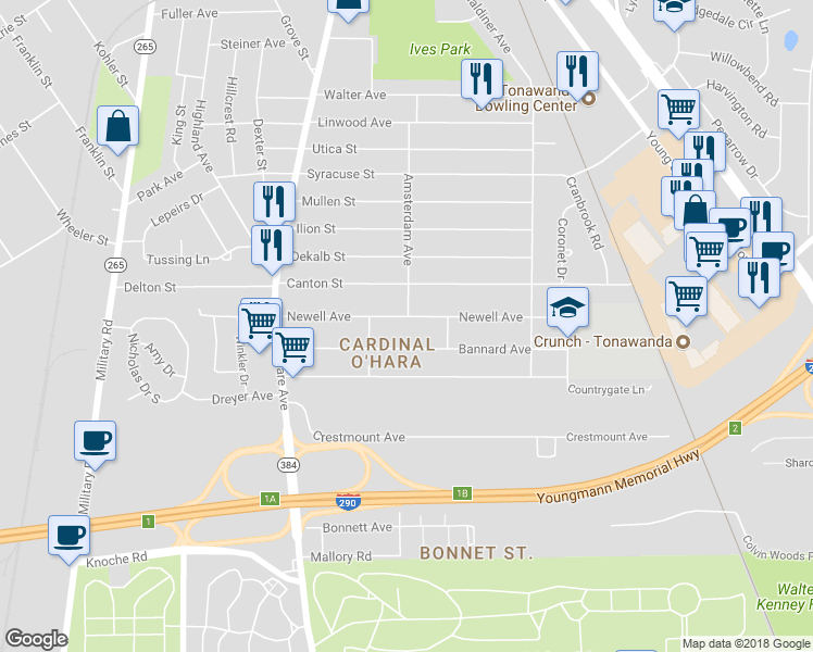 map of restaurants, bars, coffee shops, grocery stores, and more near 137 Newell Avenue in Tonawanda