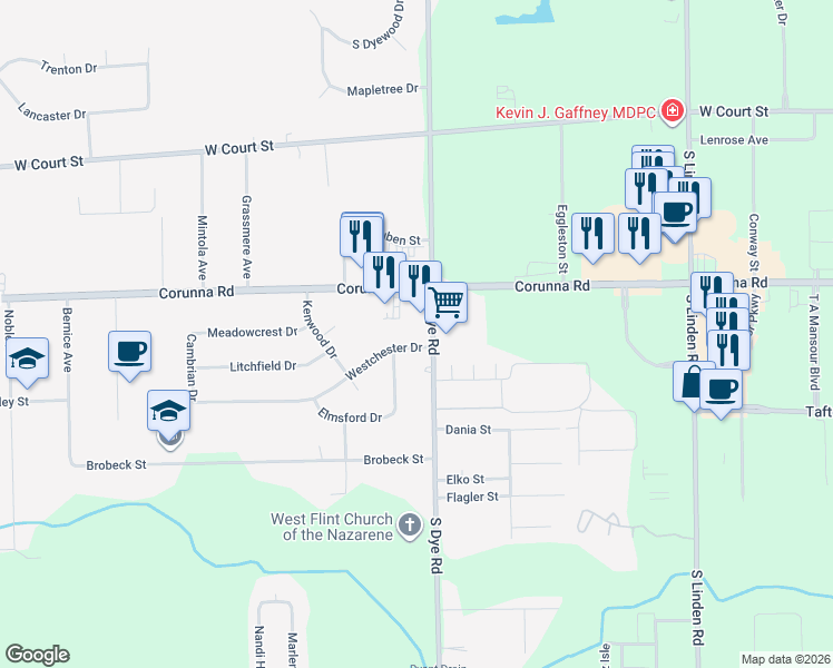 map of restaurants, bars, coffee shops, grocery stores, and more near 5298 Westchester Drive in Flint