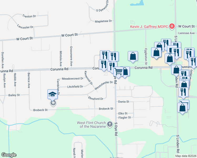 map of restaurants, bars, coffee shops, grocery stores, and more near 5337 Corunna Road in Flint