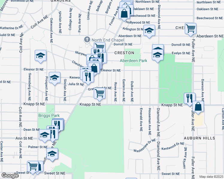 map of restaurants, bars, coffee shops, grocery stores, and more near 746 Graceland Street Northeast in Grand Rapids
