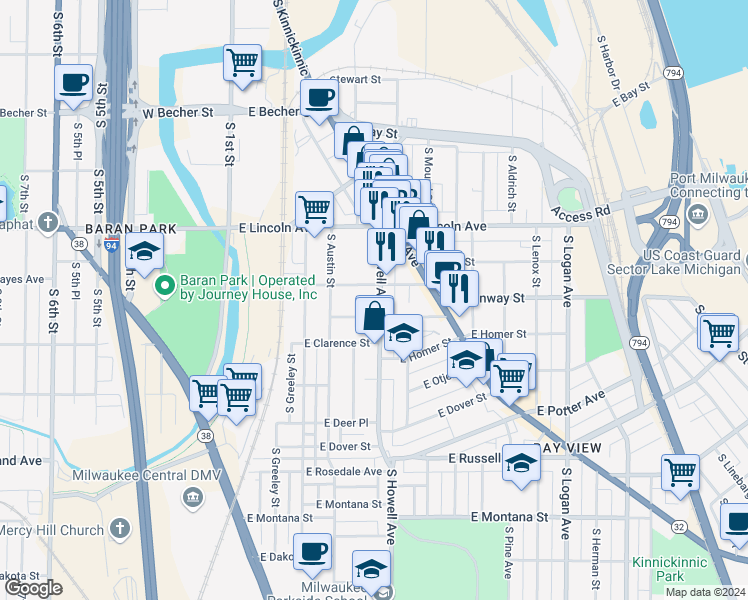 map of restaurants, bars, coffee shops, grocery stores, and more near 2422-2424 South Howell Avenue in Milwaukee