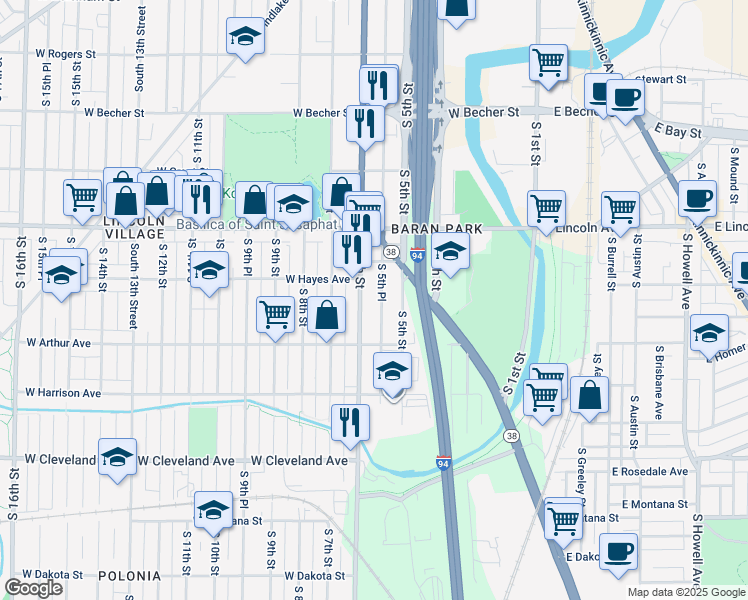 map of restaurants, bars, coffee shops, grocery stores, and more near 2451A South 5th Place in Milwaukee