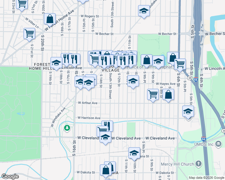 map of restaurants, bars, coffee shops, grocery stores, and more near 2453 South 13th Street in Milwaukee