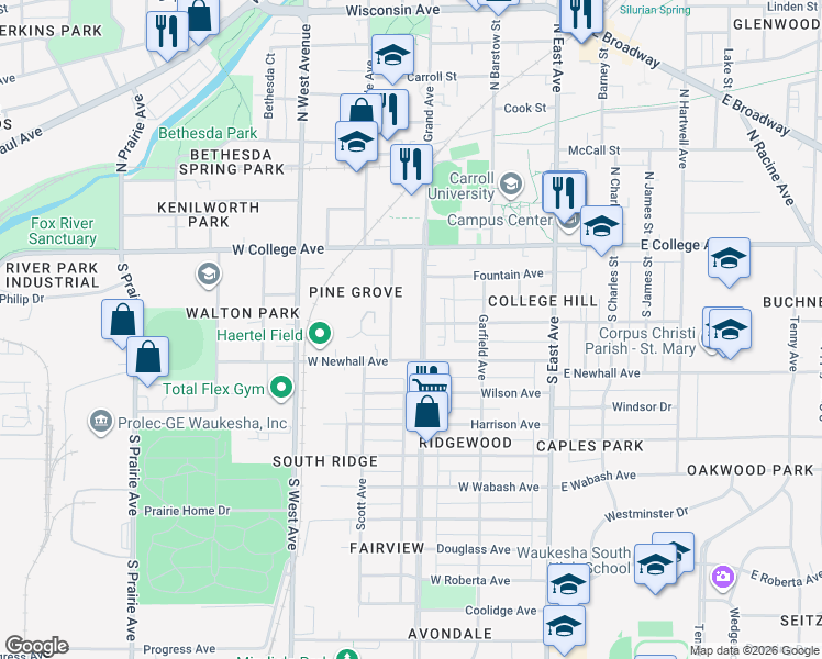 map of restaurants, bars, coffee shops, grocery stores, and more near 242 Hinman Avenue in Waukesha