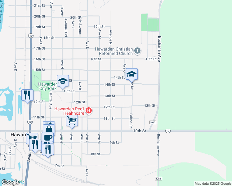 map of restaurants, bars, coffee shops, grocery stores, and more near 1309 13th Street in Hawarden