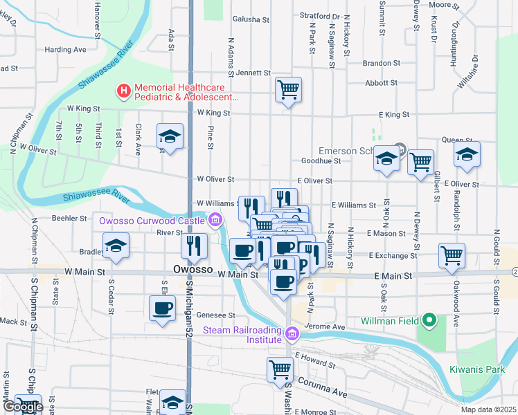 map of restaurants, bars, coffee shops, grocery stores, and more near 21 West Williams Street in Owosso