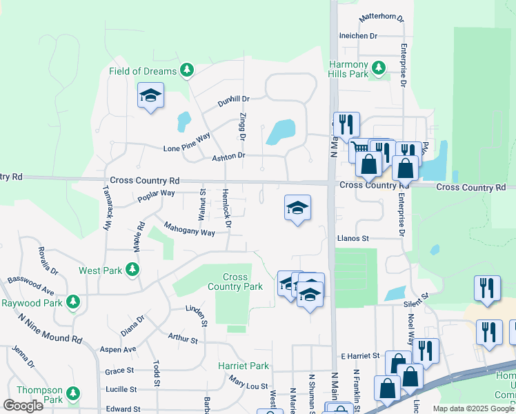 map of restaurants, bars, coffee shops, grocery stores, and more near 423 Cross Country Road in Verona