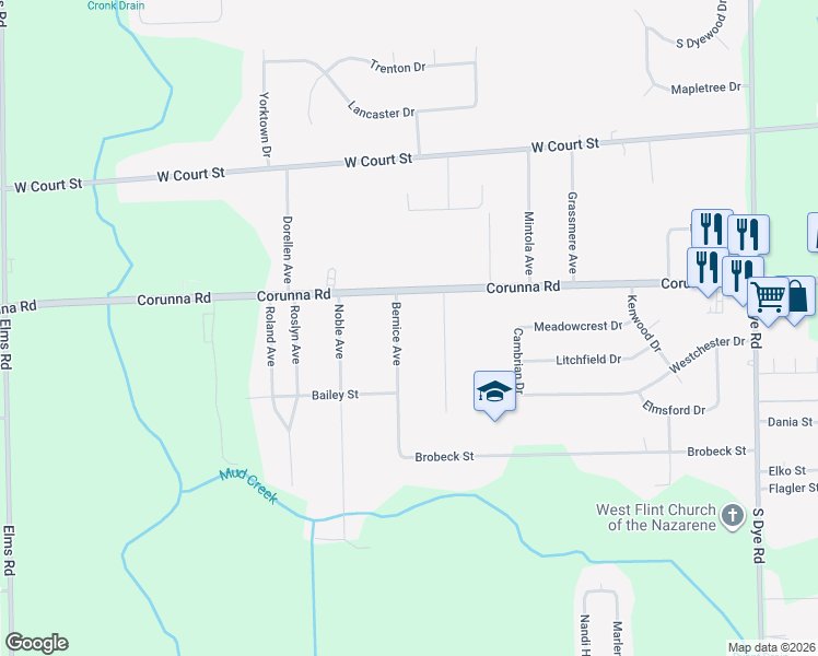 map of restaurants, bars, coffee shops, grocery stores, and more near 2039 Bernice Avenue in Flint