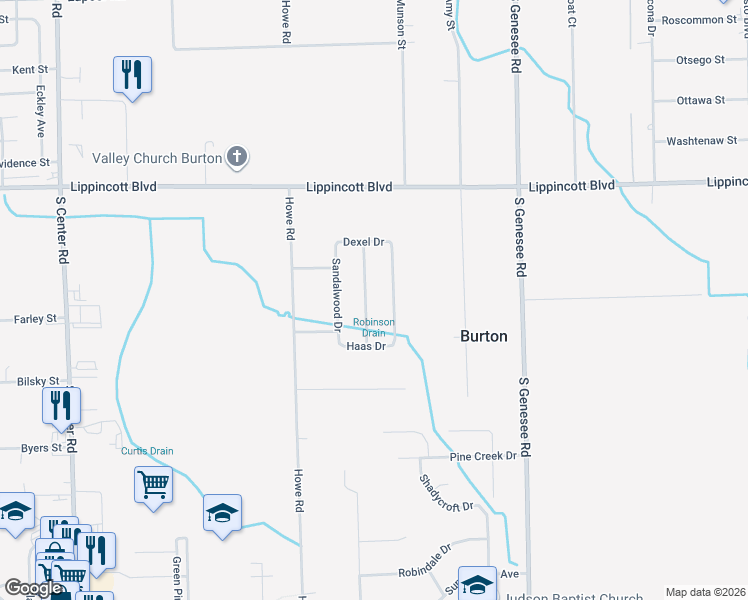 map of restaurants, bars, coffee shops, grocery stores, and more near 2136 Bramblewood Drive in Burton