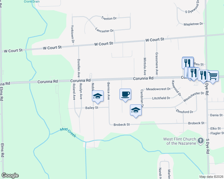 map of restaurants, bars, coffee shops, grocery stores, and more near 2039 Bernice Avenue in Flint