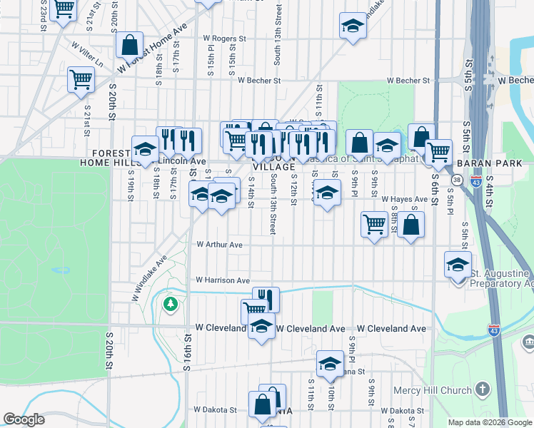 map of restaurants, bars, coffee shops, grocery stores, and more near 2453 South 13th Street in Milwaukee