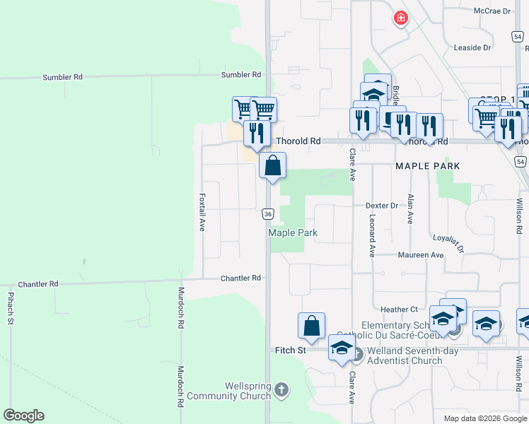 map of restaurants, bars, coffee shops, grocery stores, and more near 541 South Pelham Road in Welland