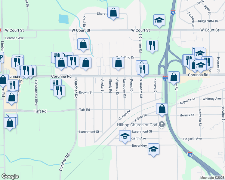 map of restaurants, bars, coffee shops, grocery stores, and more near 4108 Brown Street in Flint