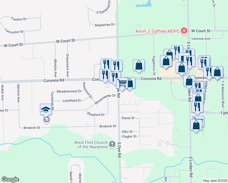 map of restaurants, bars, coffee shops, grocery stores, and more near 5298 Westchester Drive in Flint
