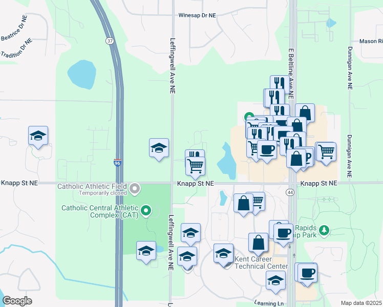 map of restaurants, bars, coffee shops, grocery stores, and more near 2039 Celadon Drive Northeast in Grand Rapids