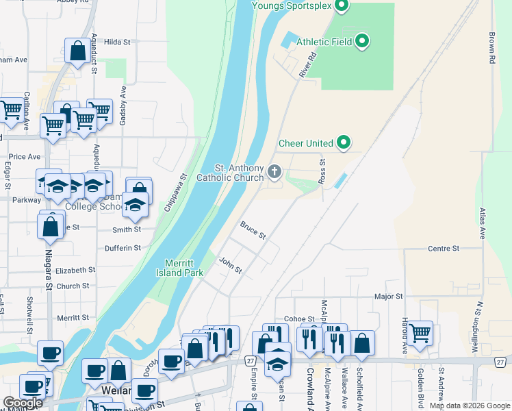 map of restaurants, bars, coffee shops, grocery stores, and more near 318 River Road in Welland
