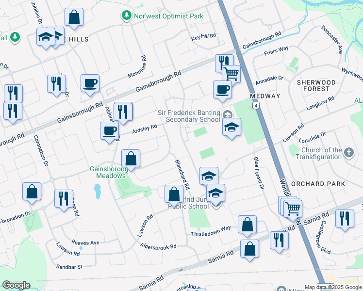 map of restaurants, bars, coffee shops, grocery stores, and more near 1319 Limberlost Road in London