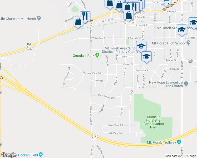 map of restaurants, bars, coffee shops, grocery stores, and more near 324 Justin Drive in Mount Horeb
