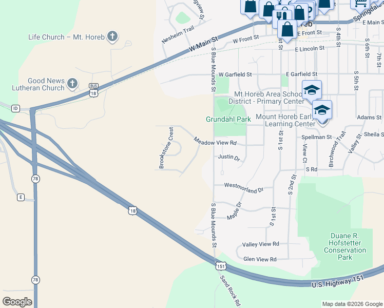 map of restaurants, bars, coffee shops, grocery stores, and more near 713 Brookview Trail in Mount Horeb