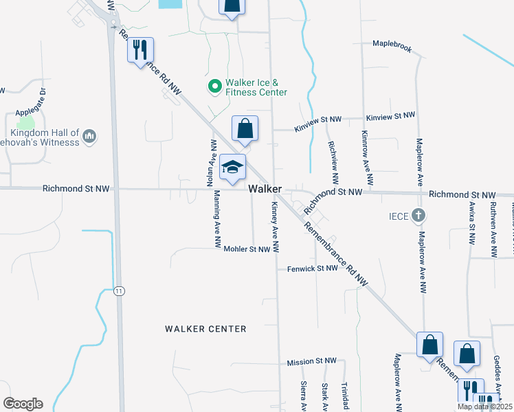 map of restaurants, bars, coffee shops, grocery stores, and more near 1960 Randall Avenue Northwest in Grand Rapids