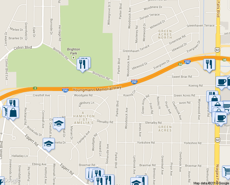 map of restaurants, bars, coffee shops, grocery stores, and more near 2242 Parker Boulevard in Tonawanda