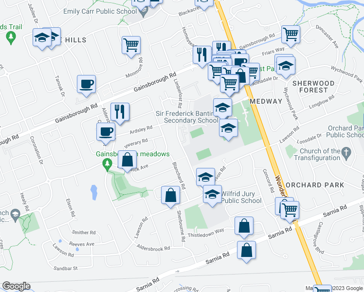 map of restaurants, bars, coffee shops, grocery stores, and more near 1290 Limberlost Road in London