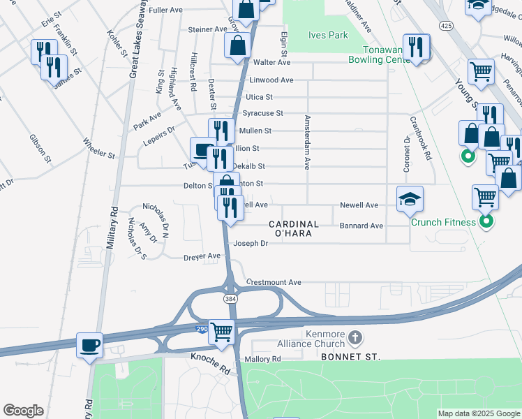 map of restaurants, bars, coffee shops, grocery stores, and more near 43 Newell Avenue in Tonawanda