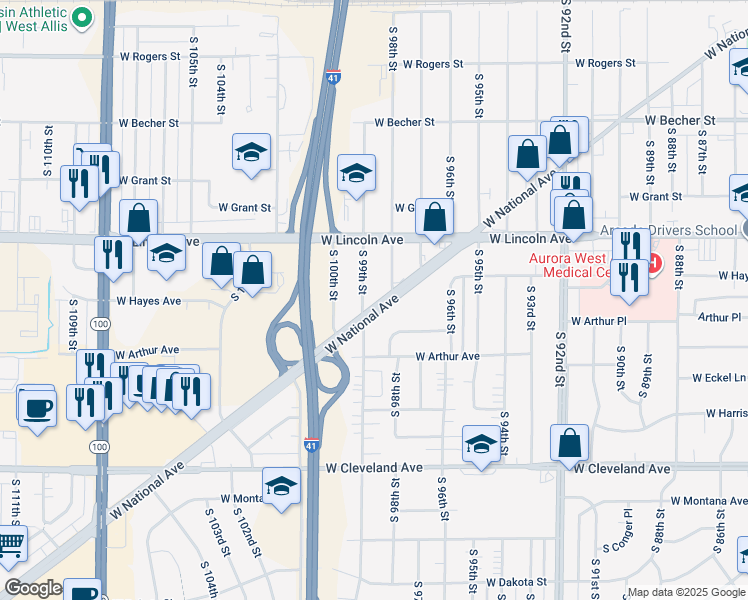 map of restaurants, bars, coffee shops, grocery stores, and more near 9824 West National Avenue in West Allis