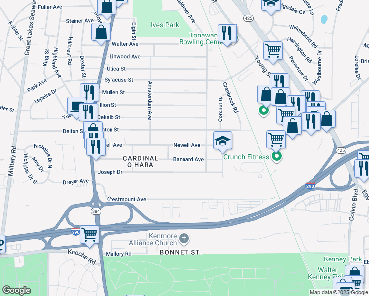 map of restaurants, bars, coffee shops, grocery stores, and more near 215 Newell Avenue in Tonawanda