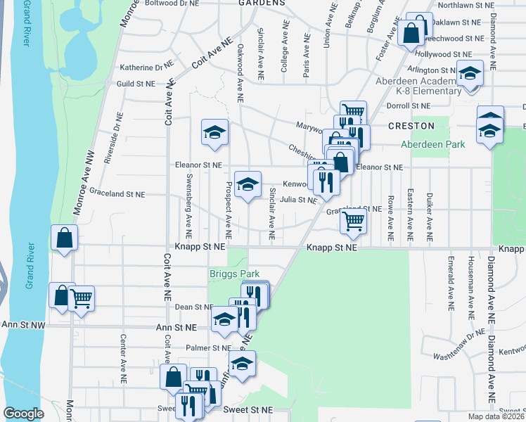 map of restaurants, bars, coffee shops, grocery stores, and more near 2057 Sinclair Avenue Northeast in Grand Rapids