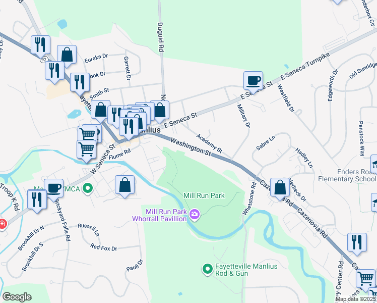 map of restaurants, bars, coffee shops, grocery stores, and more near 136 Washington St in Manlius
