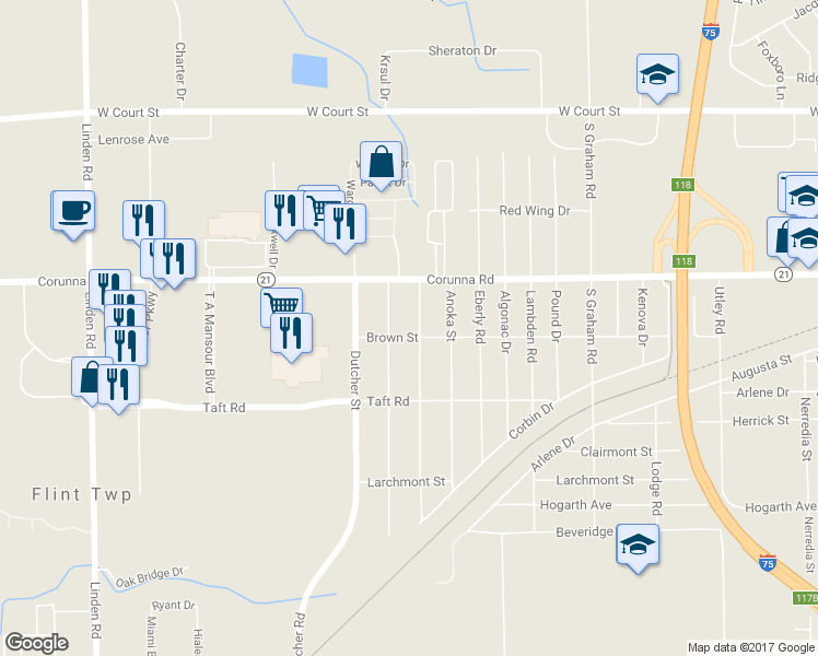 map of restaurants, bars, coffee shops, grocery stores, and more near 2052 Monaco Street in Flint