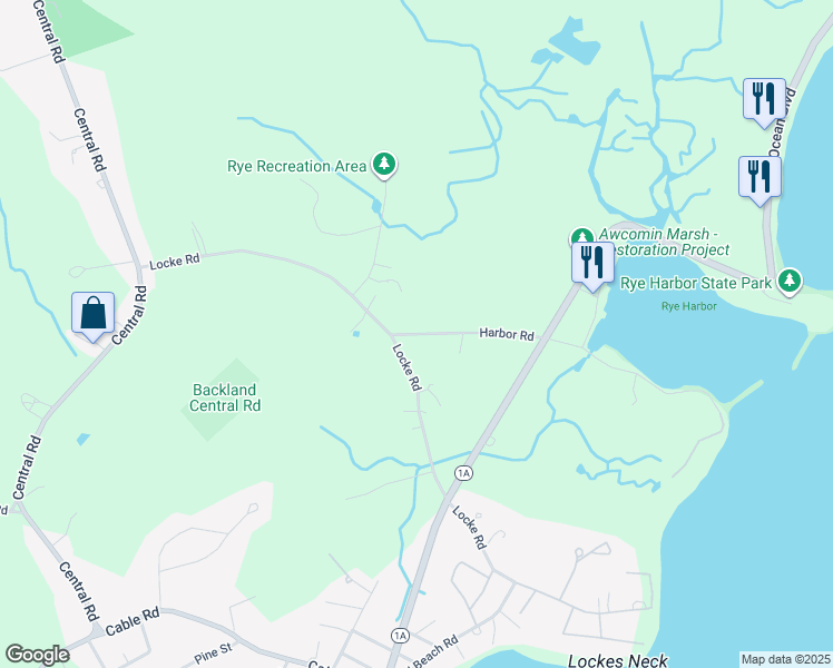 map of restaurants, bars, coffee shops, grocery stores, and more near 294 Harbor Road in Rye