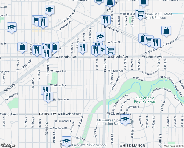 map of restaurants, bars, coffee shops, grocery stores, and more near 2426 South 62nd Street in West Allis