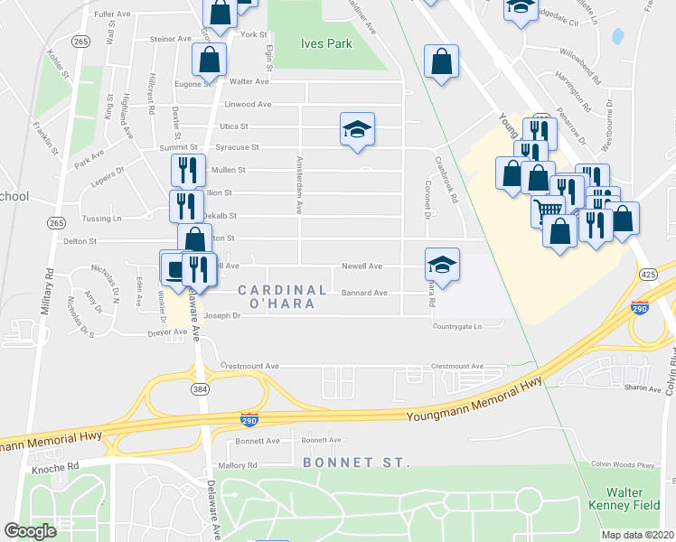 map of restaurants, bars, coffee shops, grocery stores, and more near 45 Drew Place in Tonawanda