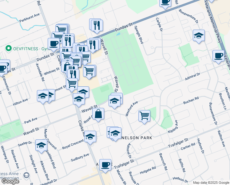 map of restaurants, bars, coffee shops, grocery stores, and more near Wavell Street in London