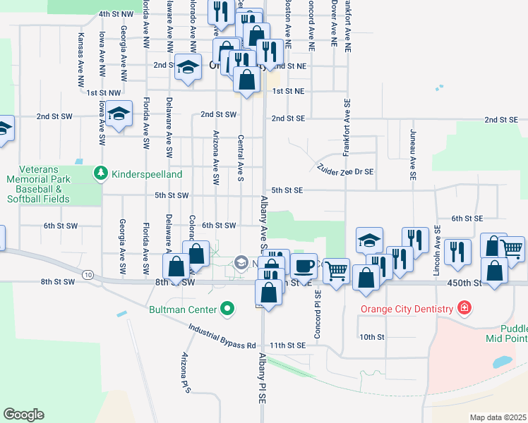 map of restaurants, bars, coffee shops, grocery stores, and more near 586 Albany Avenue Southeast in Orange City