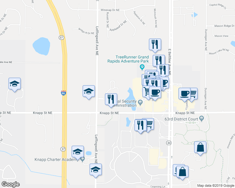 map of restaurants, bars, coffee shops, grocery stores, and more near 2190 New Town Drive in Grand Rapids