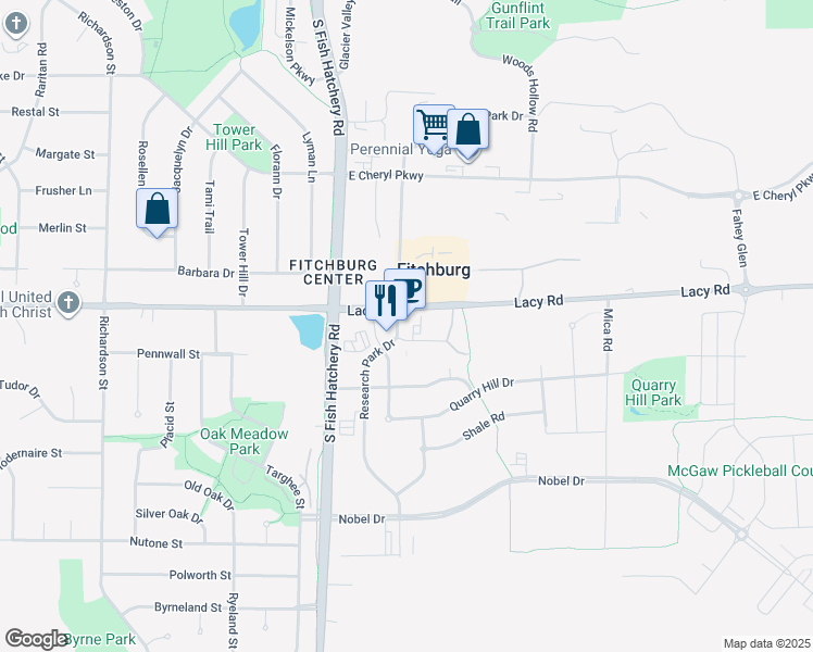 map of restaurants, bars, coffee shops, grocery stores, and more near 2690 Research Park Drive in Madison