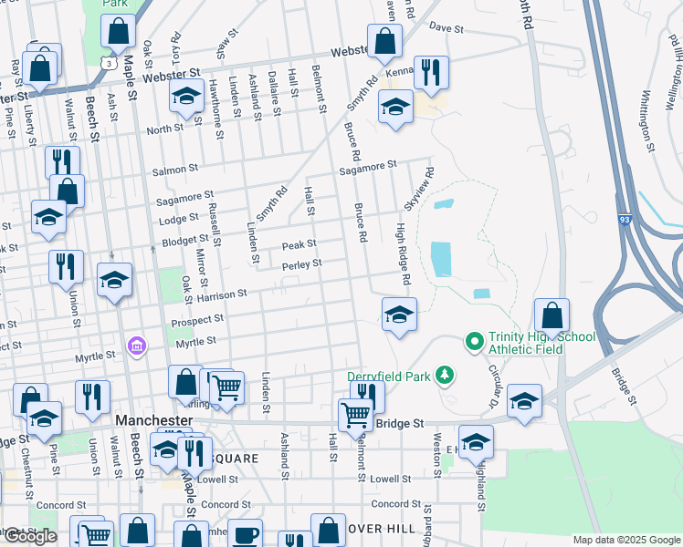 map of restaurants, bars, coffee shops, grocery stores, and more near 332 Harrison Street in Manchester
